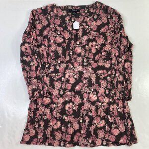 Style & Co. Women's Blouse Pink Brown Size 12 Floral Flowers Buttons Sash